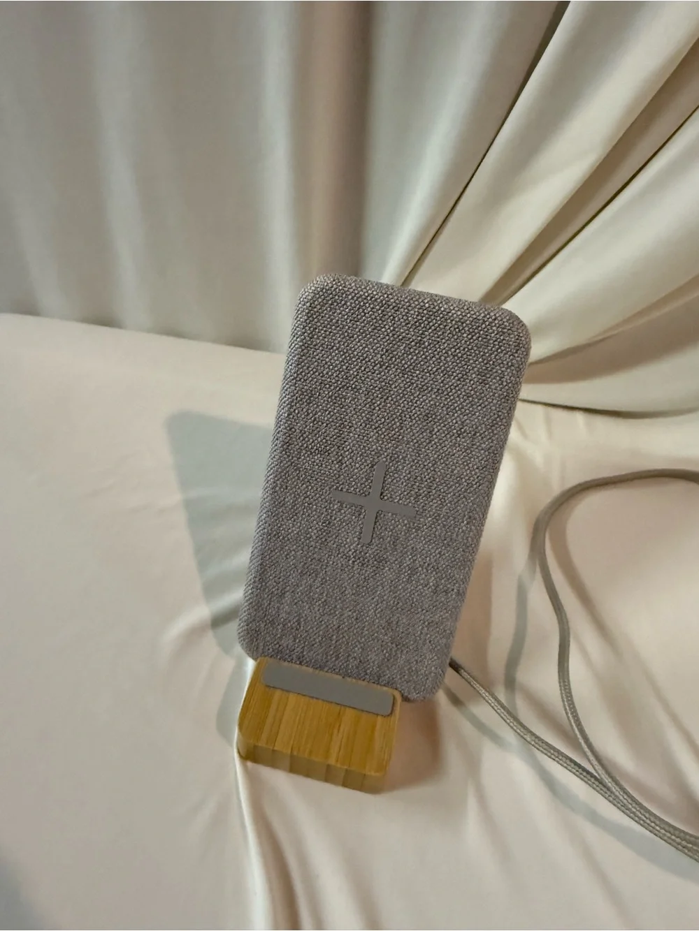 IKEA Gray Fabric Wireless Charging Stand with Wood Base